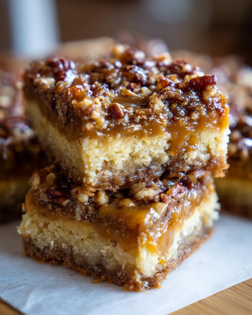 Zwei gestapelte Karamell-Pecan-Bars mit saftiger Karamellschicht und Pekannüssen auf einem Stück Backpapier.