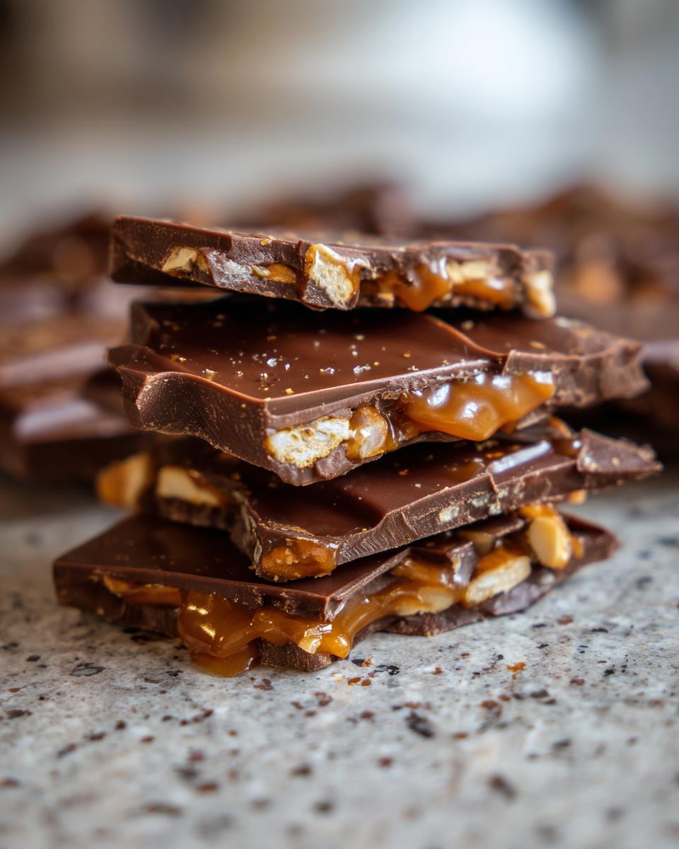 Nahaufnahme von gestapelten Stücken Karamell-Pretzel-Chocolate-Bark mit flüssigem Karamell.