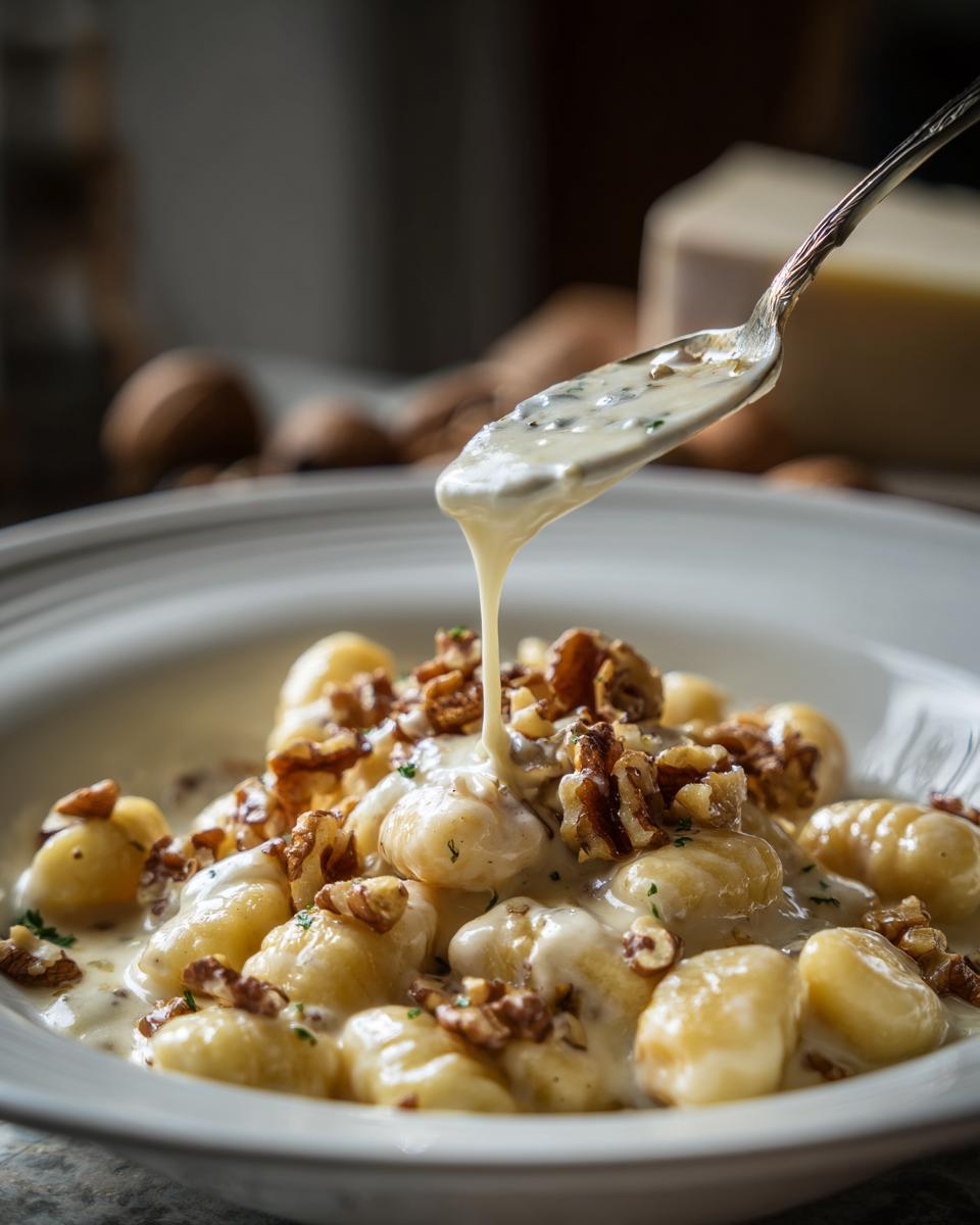 Eine Gabel hebt cremige Gnocchi in Gorgonzola-Sahne mit knackigen Walnüssen hervor.