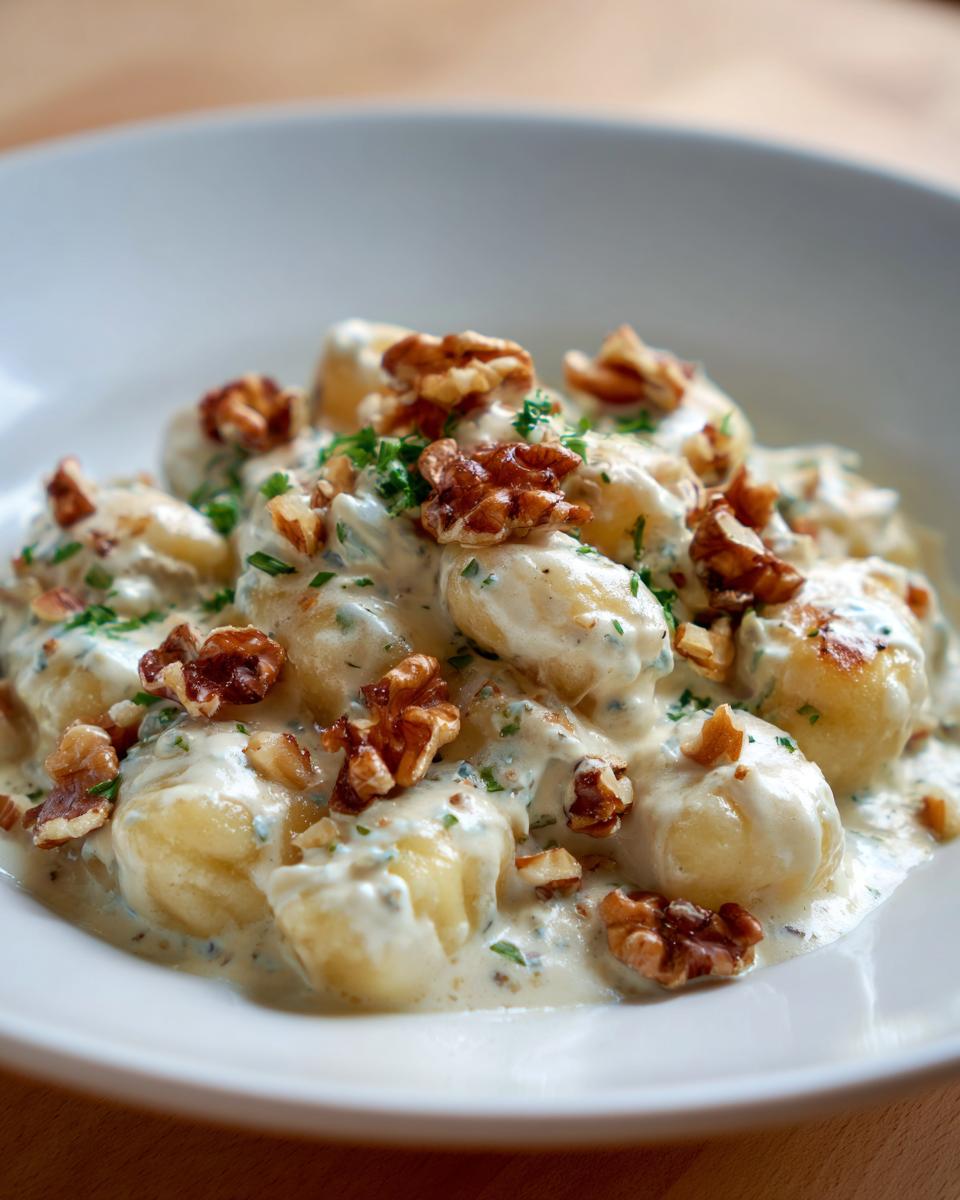 Nahaufnahme von Gnocchi in cremiger Gorgonzola-Sahne-Sauce, garniert mit Walnüssen und Petersilie.