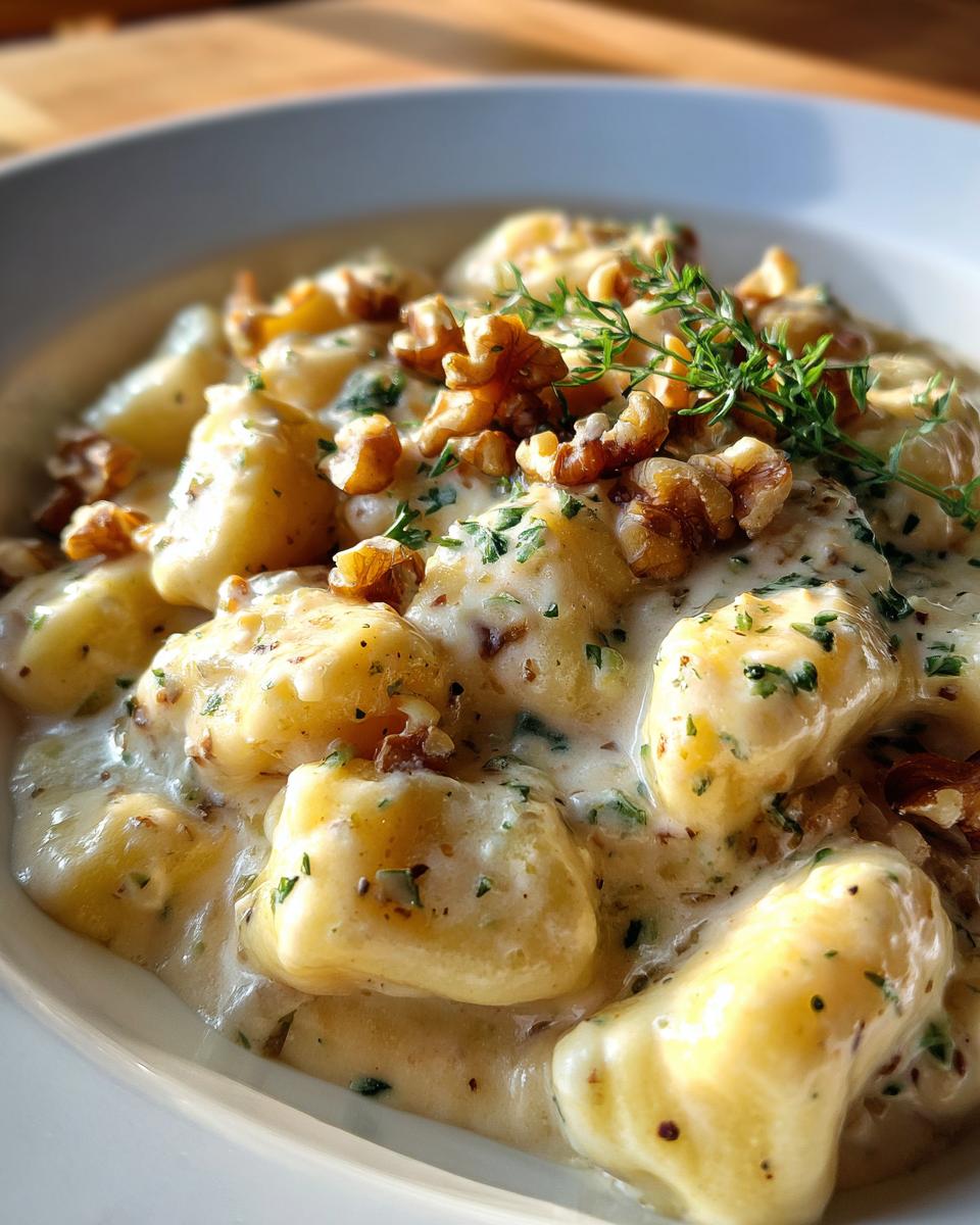 Nahaufnahme von Gnocchi in cremiger Gorgonzola-Sahne-Soße, garniert mit Walnüssen und frischen Kräutern.