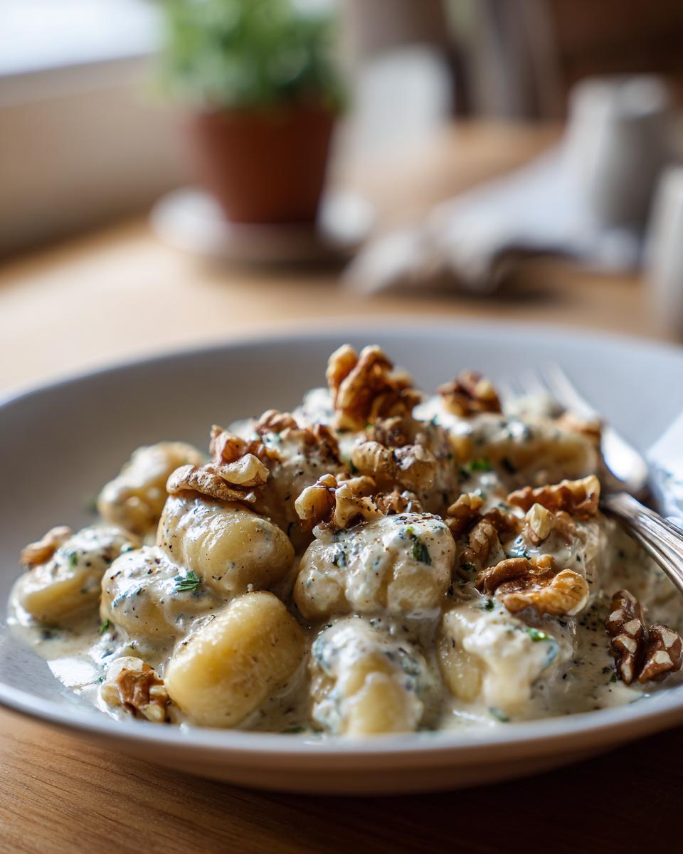 Nahaufnahme von Gnocchi in cremiger Gorgonzola-Sahne-Sauce, garniert mit Walnüssen.