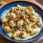 Eine Schüssel Gnocchi in Gorgonzola-Sahne mit Walnüssen und Petersilie, perfekt serviert.