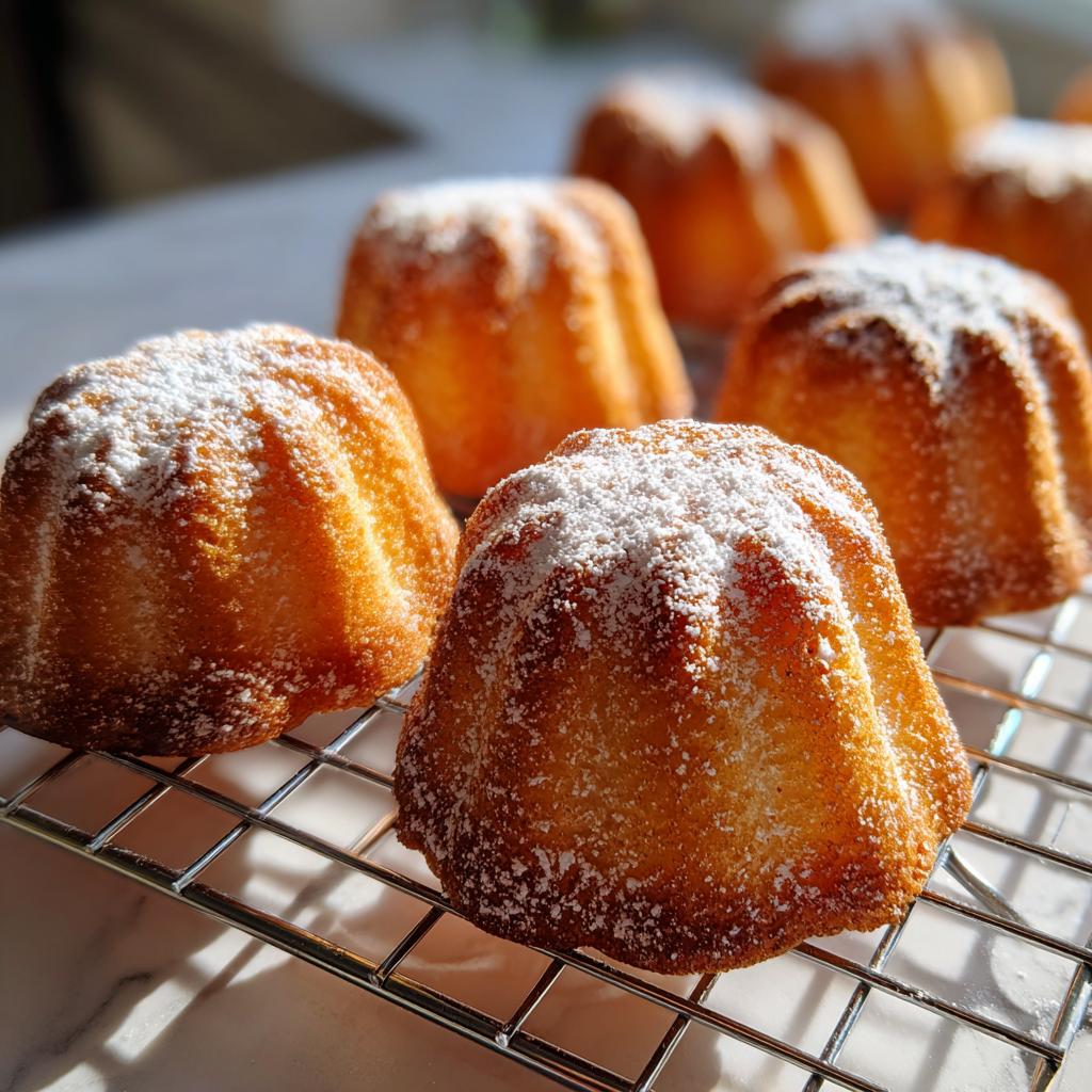 Mehrere goldbraune Madeleines, bestäubt mit Puderzucker, kühlen auf einem Drahtgitter ab.