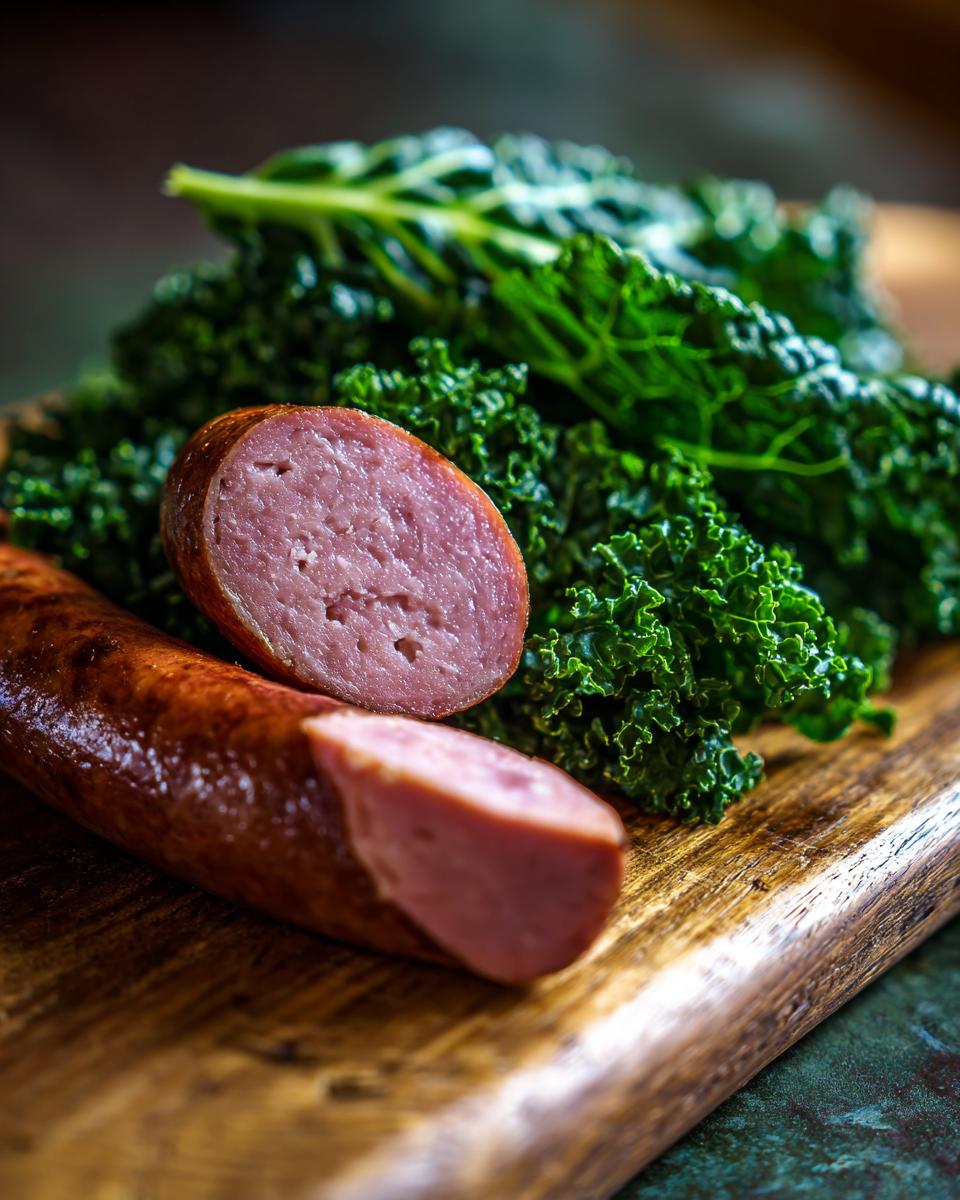 Ein Anschnitt von Grünkohl mit Pinkel oder Kasseler auf einem Holzbrett, mit frischem Grünkohl im Hintergrund.