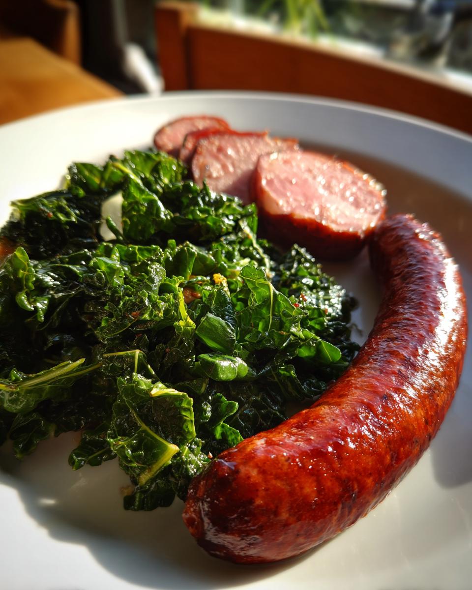 Herzhaftes Grünkohlgericht mit einer deftigen Pinkel-Wurst und Scheiben von Kasseler.