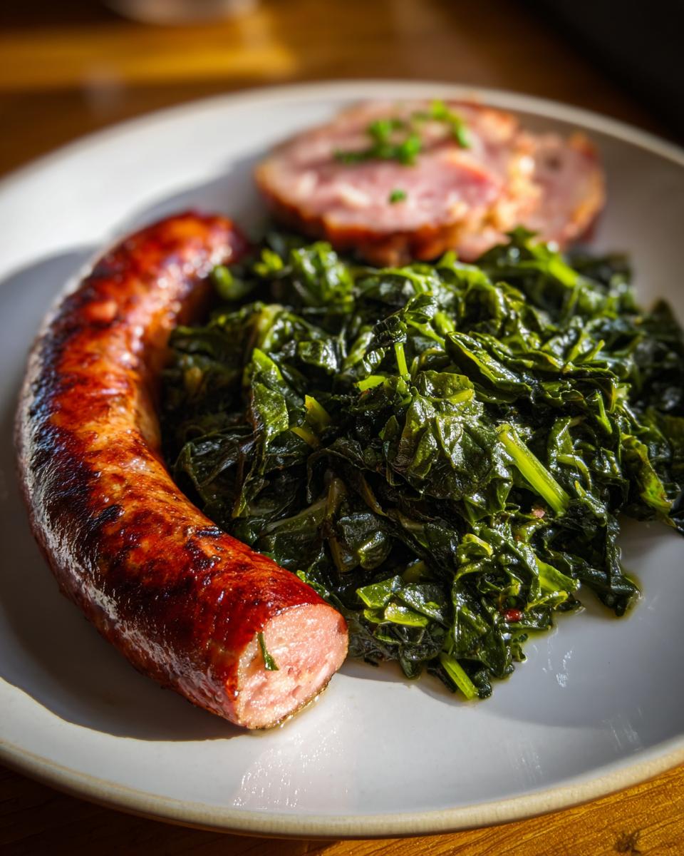 Ein Teller mit Grünkohl, einer gebratenen Pinkel-Wurst und Scheiben von Kasseler Fleisch.