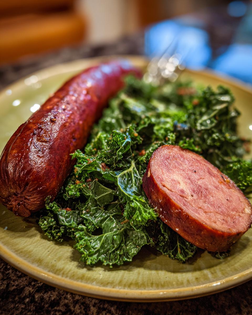 Ein Teller mit Grünkohl und einer Scheibe Pinkel oder Kasseler Wurst, bereit zum Genießen.