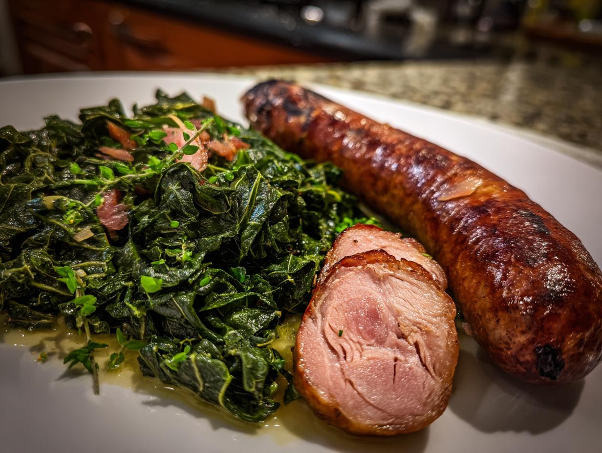 Ein Teller mit Grünkohl mit Pinkel oder Kasseler, deftig und traditionell zubereitet.