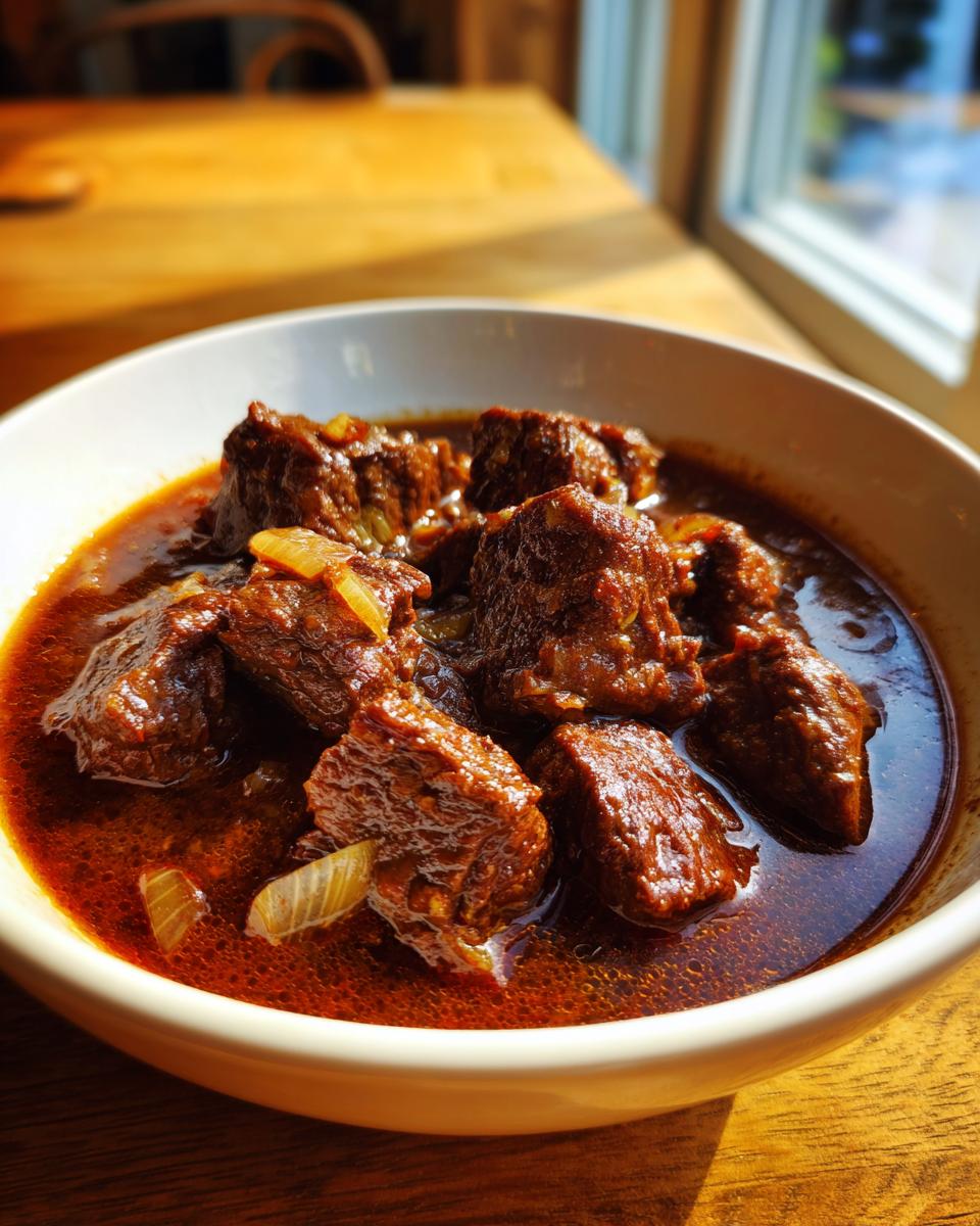 Nahaufnahme von saftigen Stücken Rindfleisch im tiefroten Sud des Guláš Český, garniert mit Zwiebelstücken.