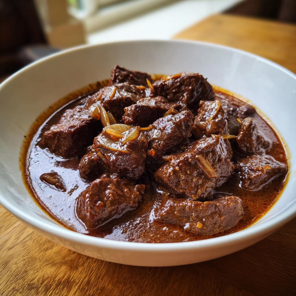 Nahaufnahme von saftigen Stücken Rindfleisch im Guláš Český mit Zwiebelstücken in einer dunklen, reichhaltigen Soße.