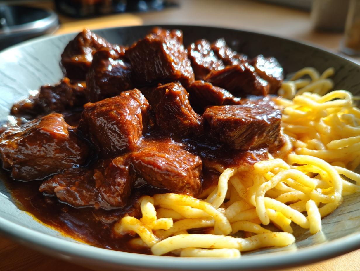 Nahaufnahme von herzhaftem Gulasch mit Spätzle, das Fleisch ist zart und die Soße glänzt.