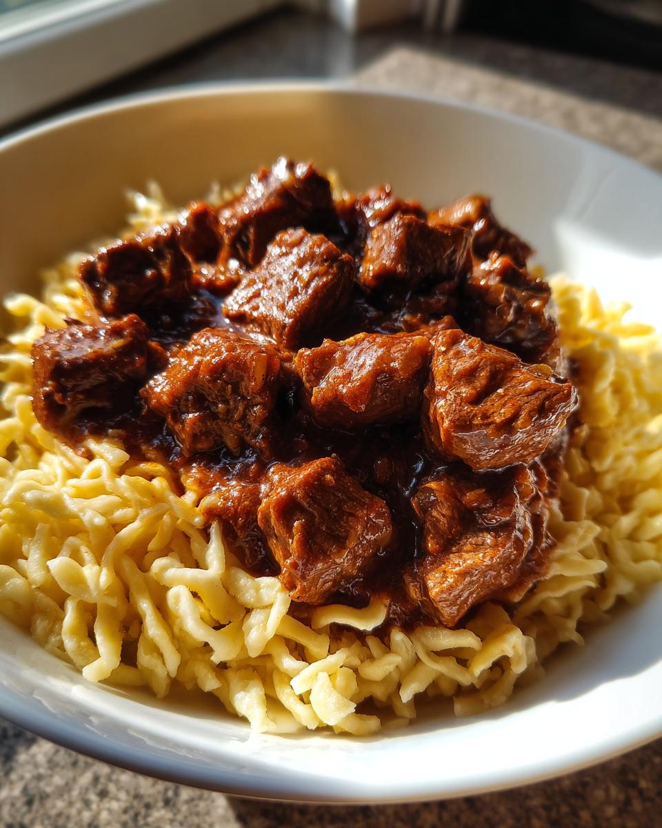 Ein Teller mit Gulasch mit Nudeln oder Spätzle, das Gulasch ist saftig und die Spätzle goldgelb.