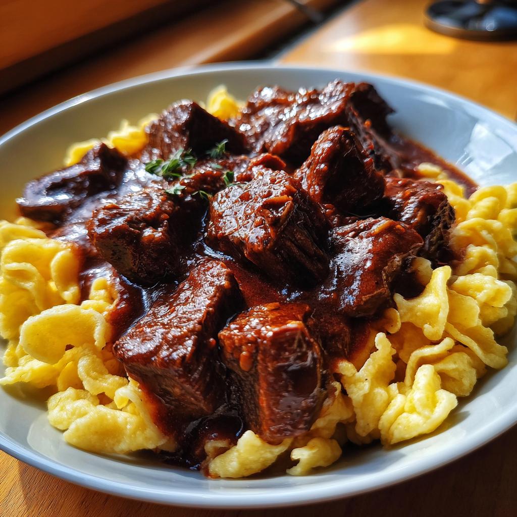 Ein Teller mit Gulasch mit Nudeln oder Spätzle, bedeckt mit einer reichhaltigen, dunklen Soße und zarten Fleischstücken.