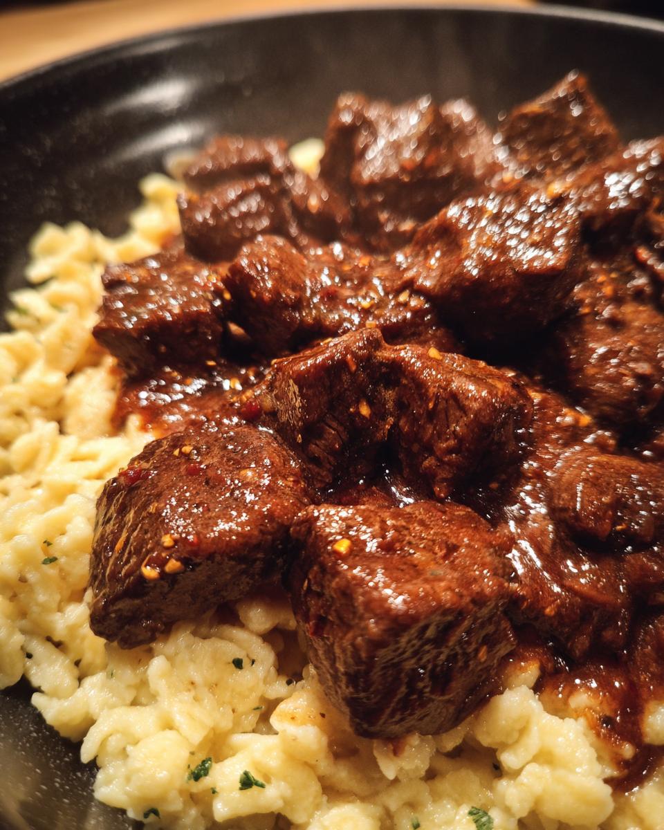 Nahaufnahme von deftigem Gulasch mit Nudeln oder Spätzle, das Fleisch ist zart und die Sauce glänzt.