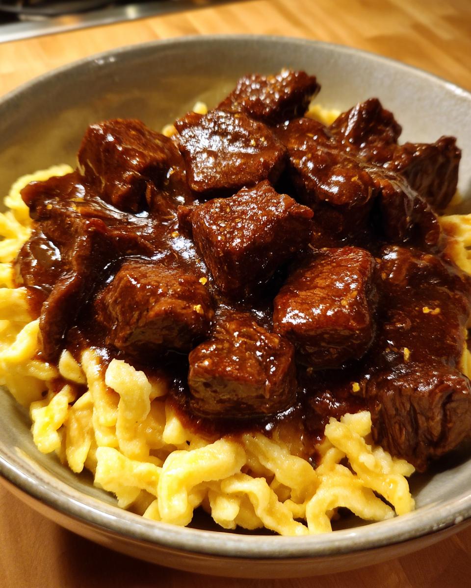 Eine Schüssel mit herzhaftem Gulasch mit Nudeln oder Spätzle, übergossen mit einer dunklen Sauce.
