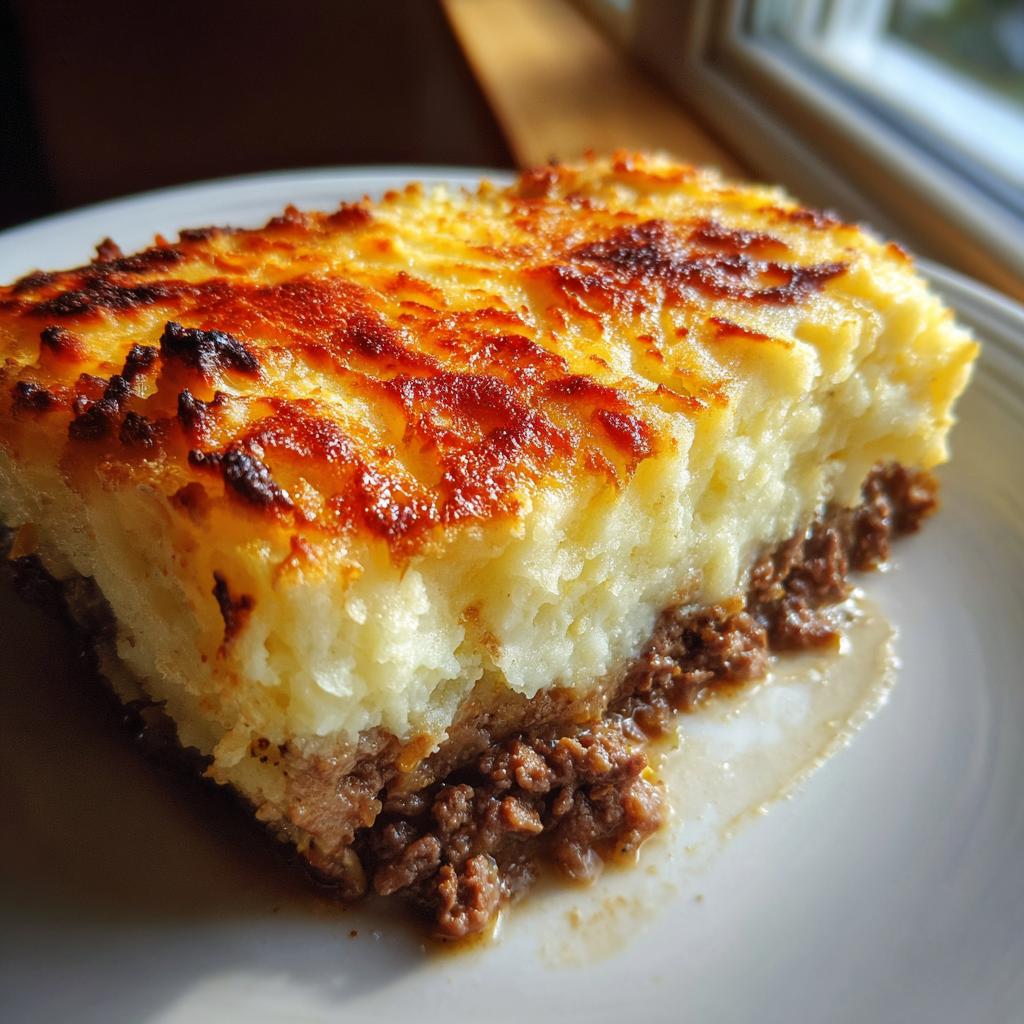 Nahaufnahme eines Stücks Hachis Parmentier mit saftigem Hackfleisch und goldbraun überbackener Kartoffelhaube.