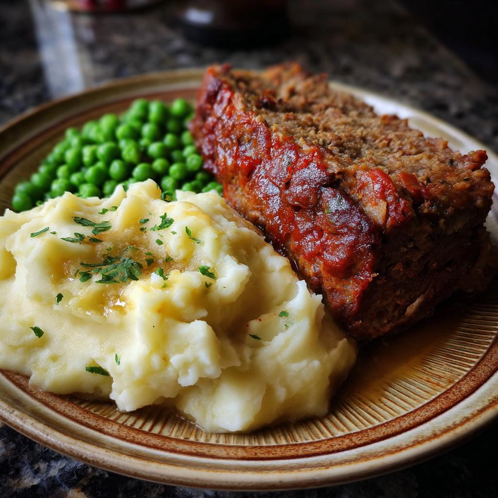 Ein saftiges Stück Hackbraten mit Kartoffelpüree und Erbsen auf einem Teller, ein echtes Wohlfühlgericht.