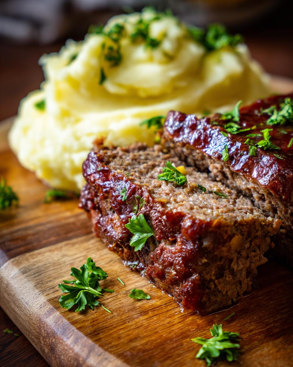 Saftiger Hackbraten mit Kartoffelpüree und Petersilie garniert, ein Wohlfühlgericht.