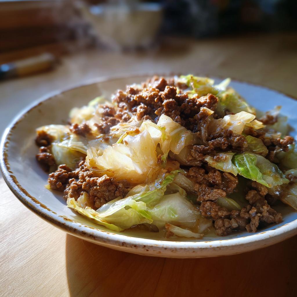 Nahaufnahme einer dampfenden Hackfleisch-Kohlpfanne Hausmannskost in einer rustikalen Schale.
