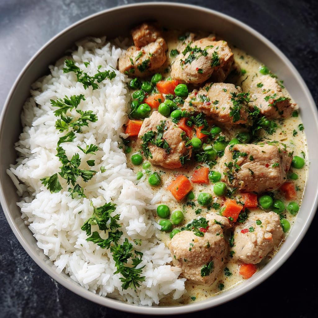 Eine Schüssel Hähnchenfrikassee mit Reis, Erbsen und Karotten, garniert mit Petersilie.