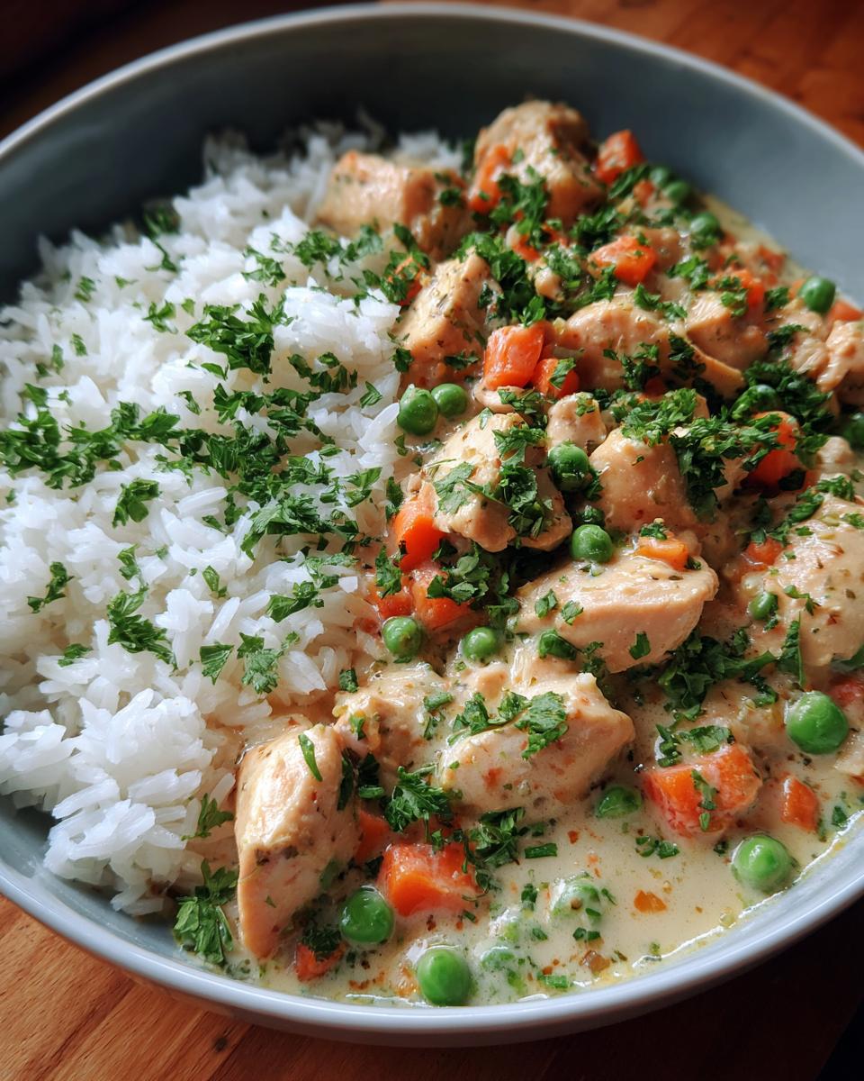 Ein Teller mit Hähnchenfrikassee mit Reis, garniert mit Petersilie, Erbsen und Karotten.
