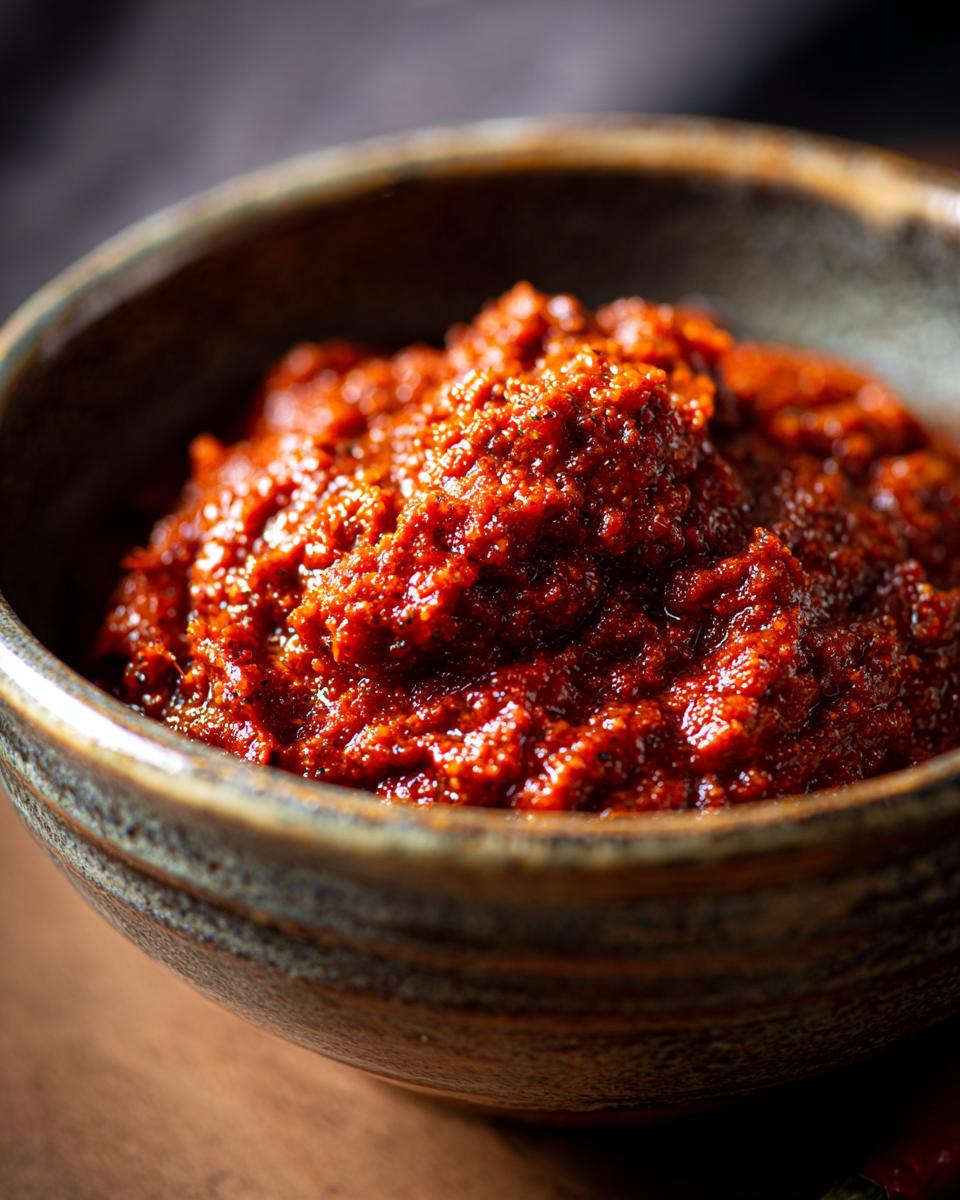 Nahaufnahme einer rustikalen Schale mit hausgemachter Ajvar – Paprikapaste, die köstlich und würzig aussieht.