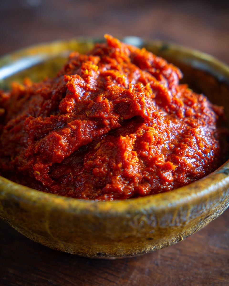 Nahaufnahme von hausgemachtem Ajvar – Paprikapaste in einer rustikalen Schale, bereit zum Servieren.
