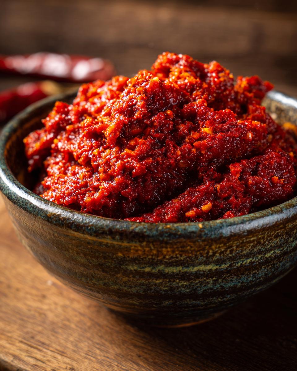 Nahaufnahme einer Schüssel mit hausgemachtem Ajvar – Paprikapaste, garniert mit getrockneten Chilis.