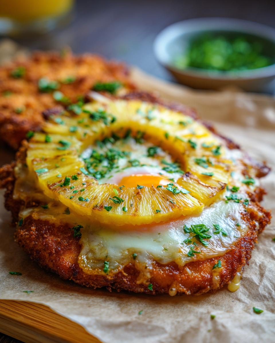 Nahaufnahme eines goldbraunen Hawaii-Schnitzels mit Ananasringen, geschmolzenem Käse und einem Spiegelei, bestreut mit Petersilie.
