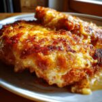 Nahaufnahme von Hawaii-Schnitzel mit Ananas und Käse überbacken, goldbraun und saftig.