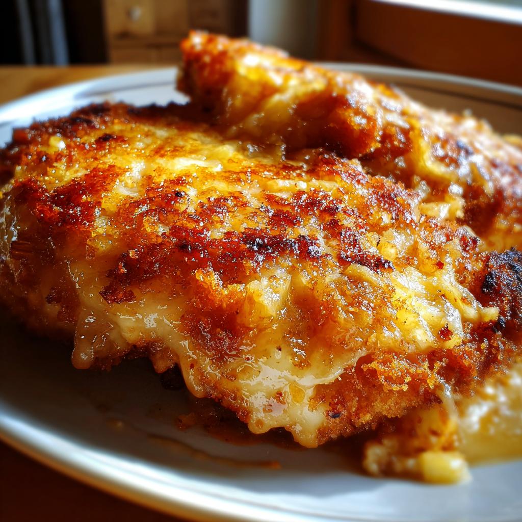 Nahaufnahme von Hawaii-Schnitzel mit Ananas und Käse überbacken, goldbraun und saftig.