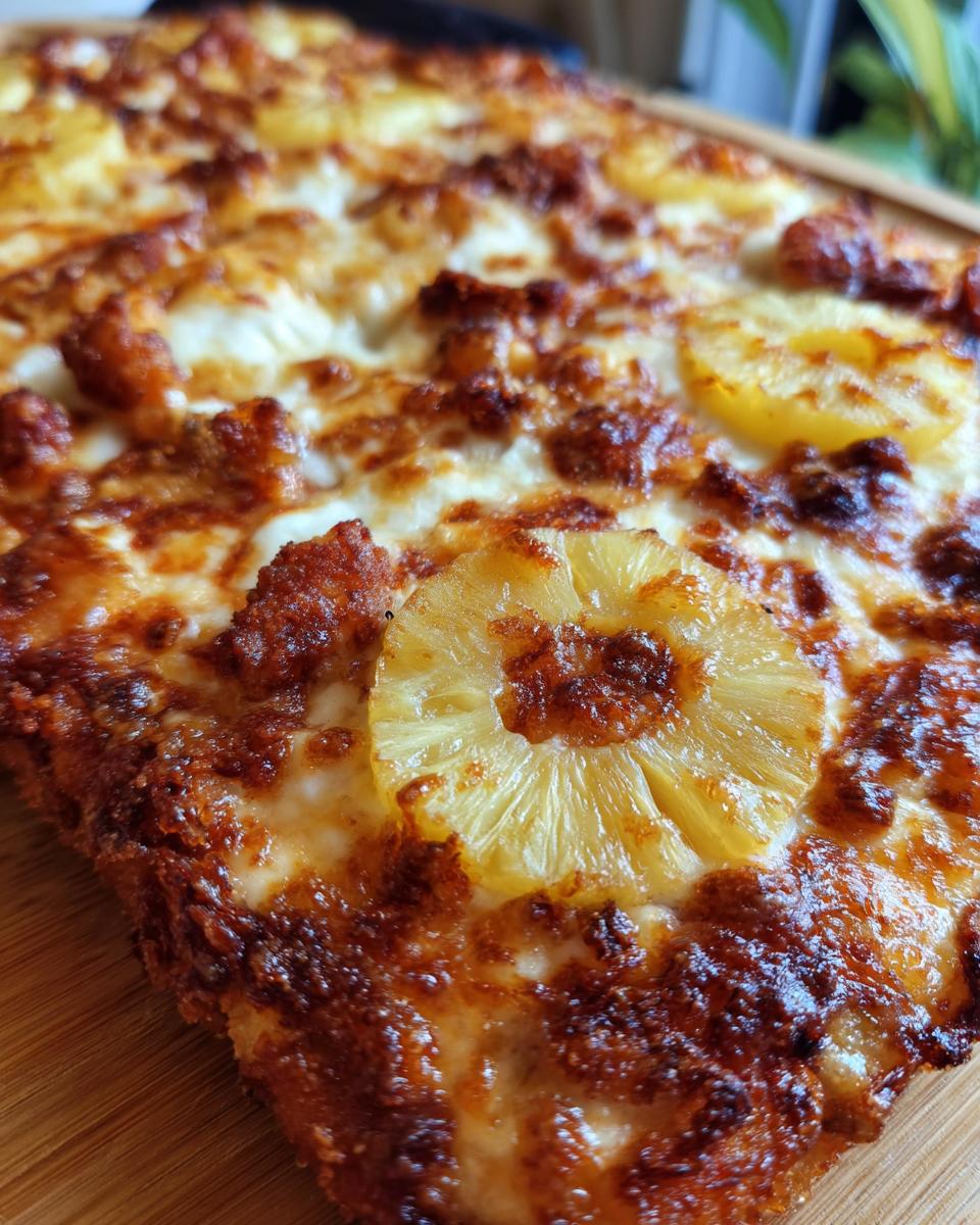 Nahaufnahme eines überbackenen Hawaii-Schnitzels mit Ananasstücken und geschmolzenem Käse.