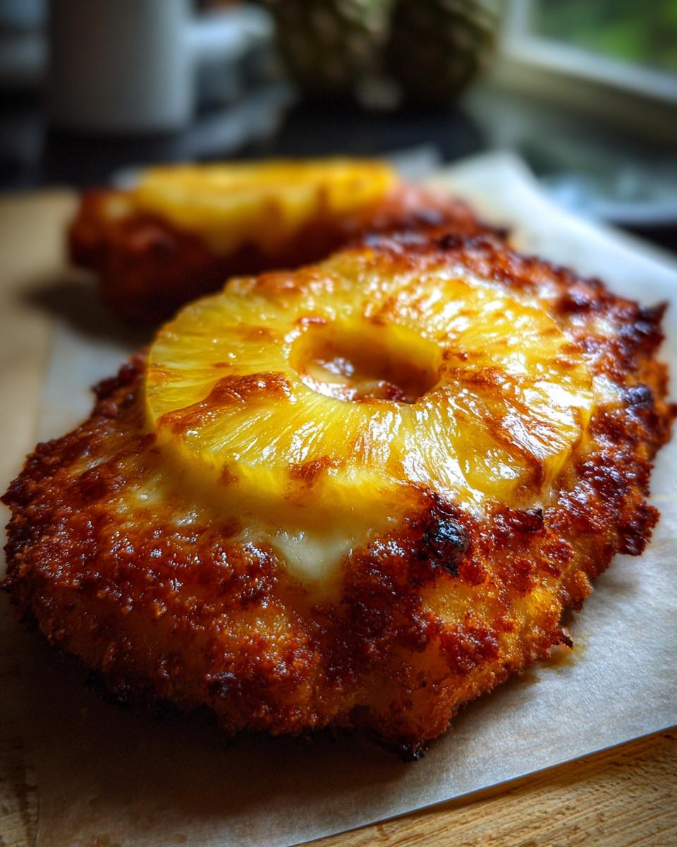 Nahaufnahme eines goldbraun panierten Hawaii-Schnitzels mit einer Scheibe Ananas und geschmolzenem Käse darüber.