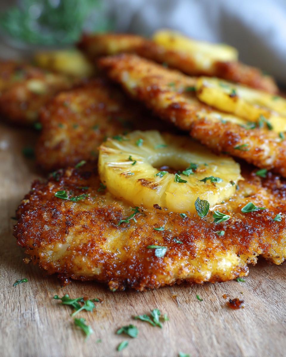 Nahaufnahme von knusprig paniertem Hawaii-Schnitzel mit Ananasringen und Käse überbacken, garniert mit Petersilie.