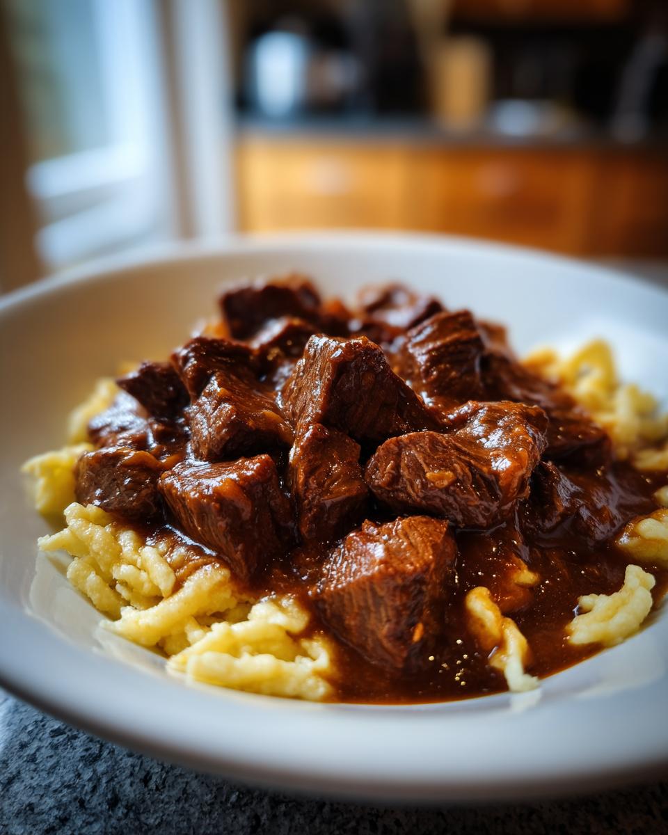 Ein Teller mit saftigem Gulasch mit Nudeln oder Spätzle, das Fleisch ist zart und die Soße glänzt.