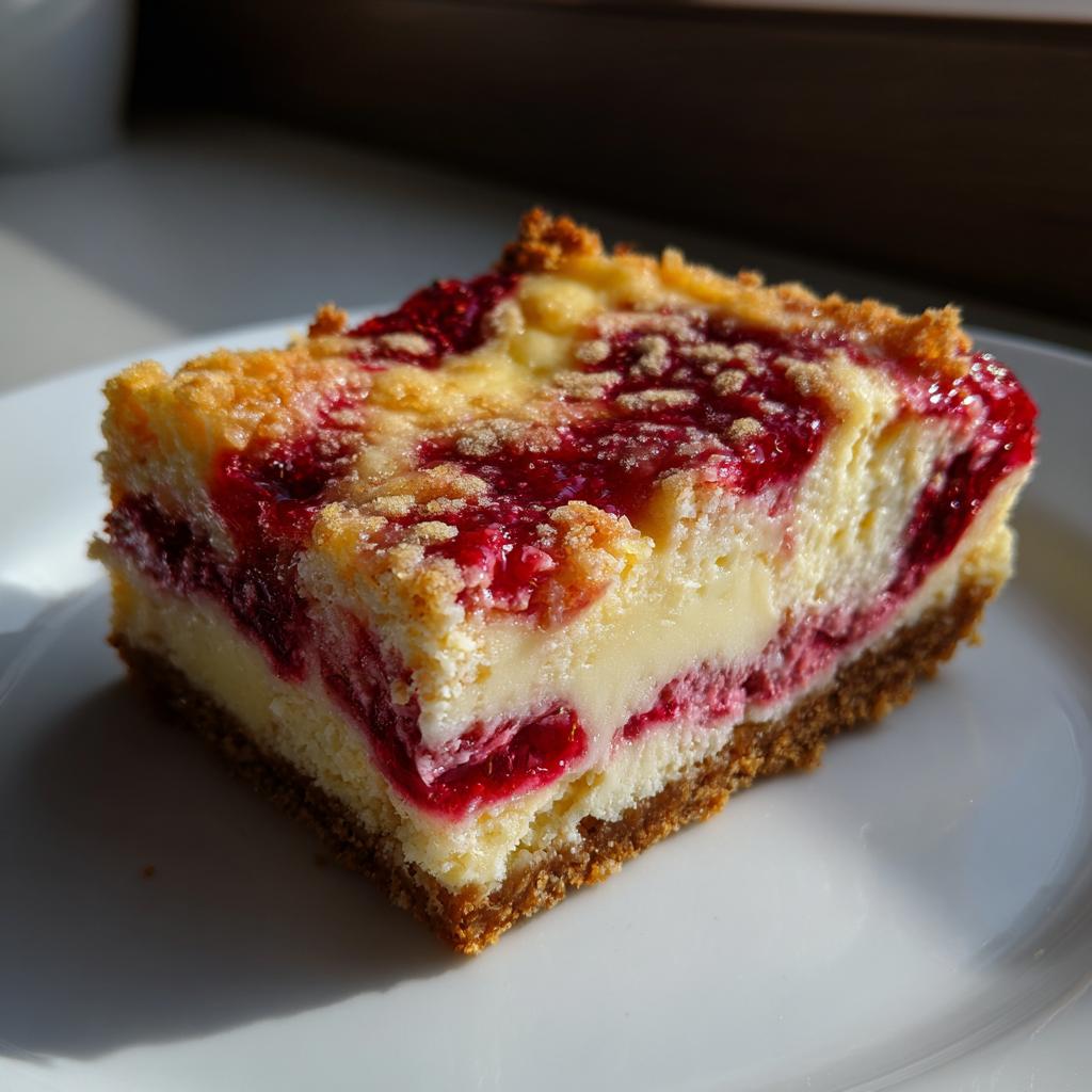 Ein saftiges Stück Himbeer-Cheesecake-Bars mit knusprigem Boden und Streuseln auf einem weißen Teller.