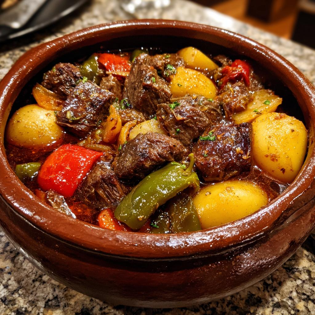 Nahaufnahme von saftigem Rindfleisch, Kartoffeln und Paprika in einem traditionellen braunen Tontopf, unser himmlischer Güveç.