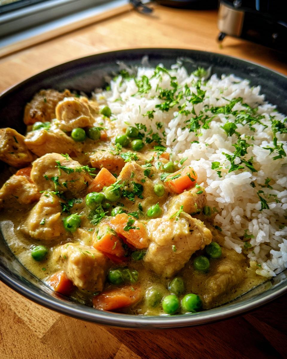 Eine Schüssel Hühnerfrikassee mit Reis, Erbsen und Karotten, garniert mit Petersilie.