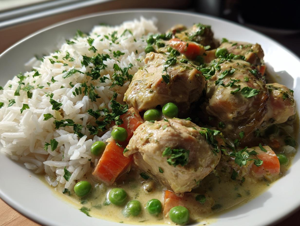 Ein Teller Hühnerfrikassee mit Reis, garniert mit Petersilie, Erbsen und Karotten.