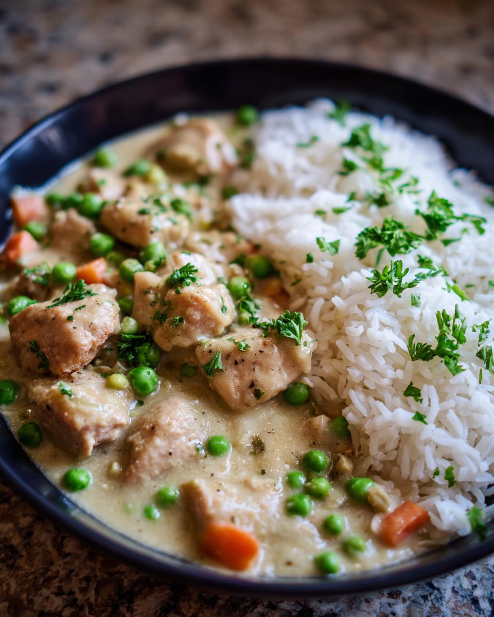 Ein Teller Hühnerfrikassee mit Reis, garniert mit Petersilie. Das Hühnerfrikassee enthält zarte Hähnchenstücke, Erbsen und Karotten in einer cremigen Sauce.