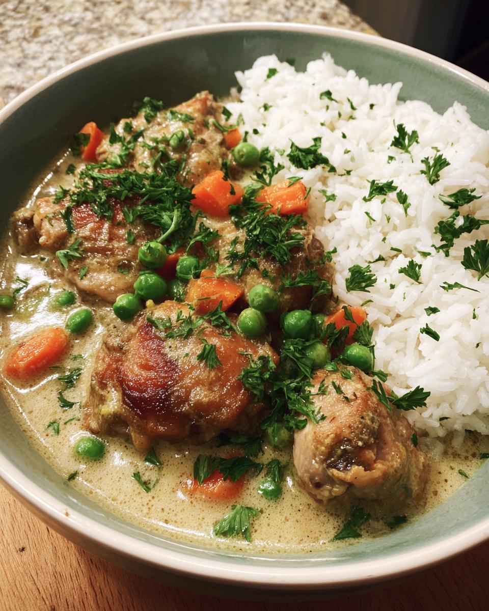 Hühnerfrikassee mit Reis: Saftige Hühnerteile in cremiger Sauce mit Erbsen und Karotten, garniert mit Petersilie, serviert mit lockerem Reis.