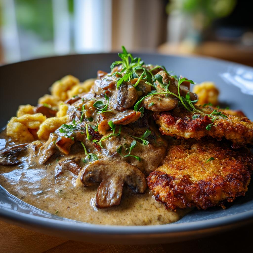 Ein Teller mit Jägerschnitzel, bedeckt mit cremiger Pilzrahmsauce und garniert mit frischen Kräutern, daneben Spätzle.