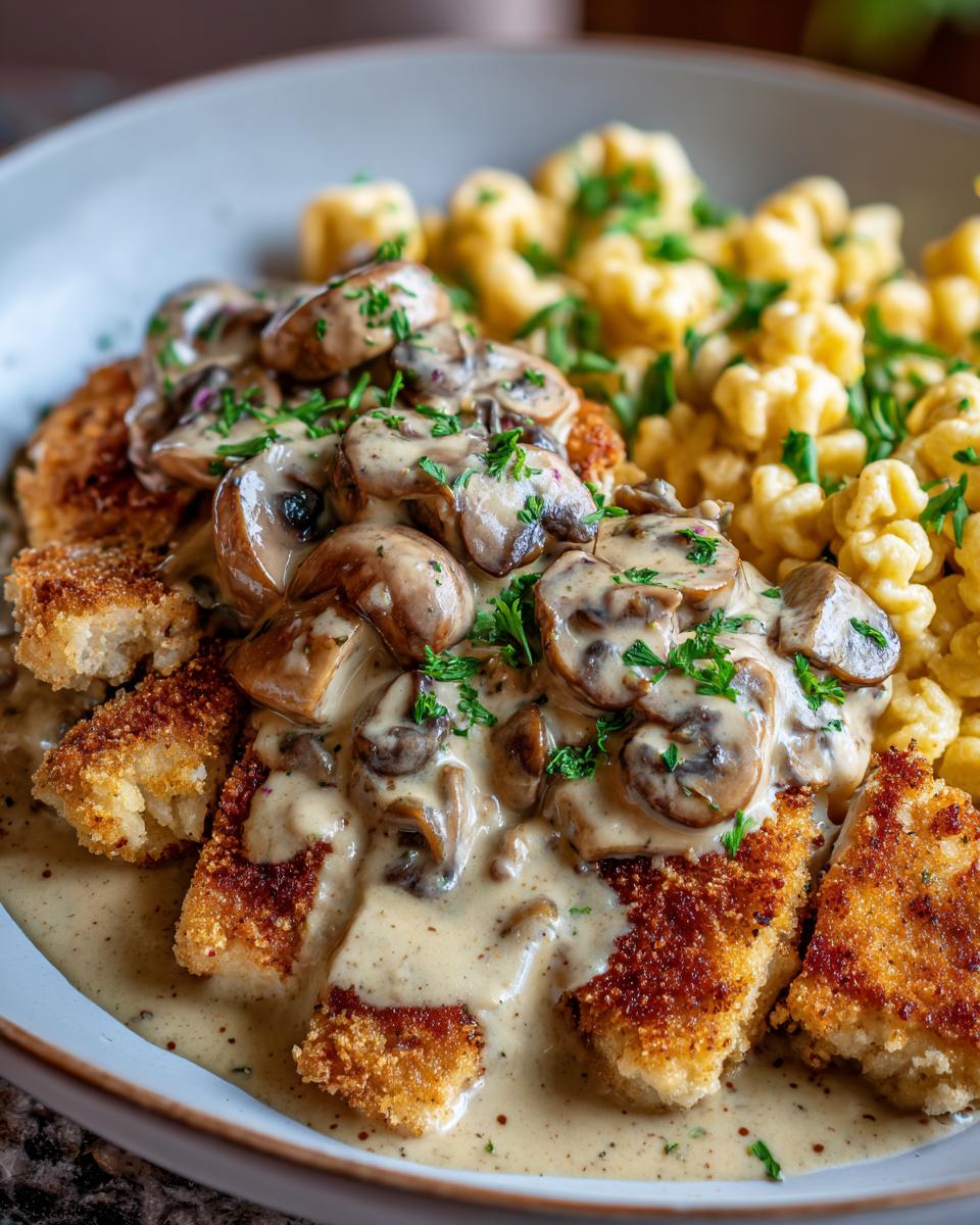 Nahaufnahme von Jägerschnitzel mit Pilzrahmsauce und Spätzle, goldbraun paniert und mit frischer Petersilie garniert.