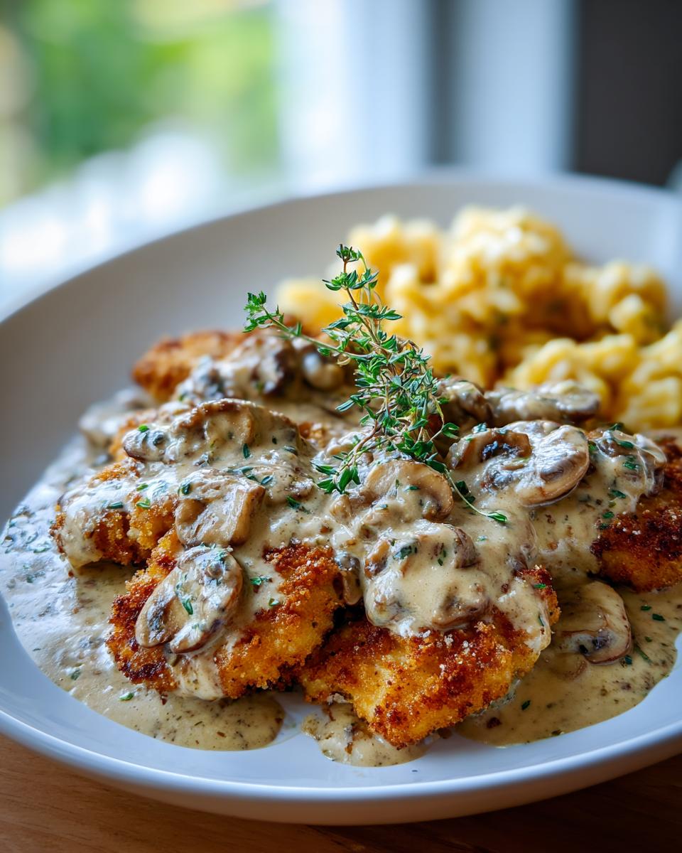 Ein Teller mit Jägerschnitzel, übergossen mit cremiger Pilzrahmsauce und dazu Spätzle.
