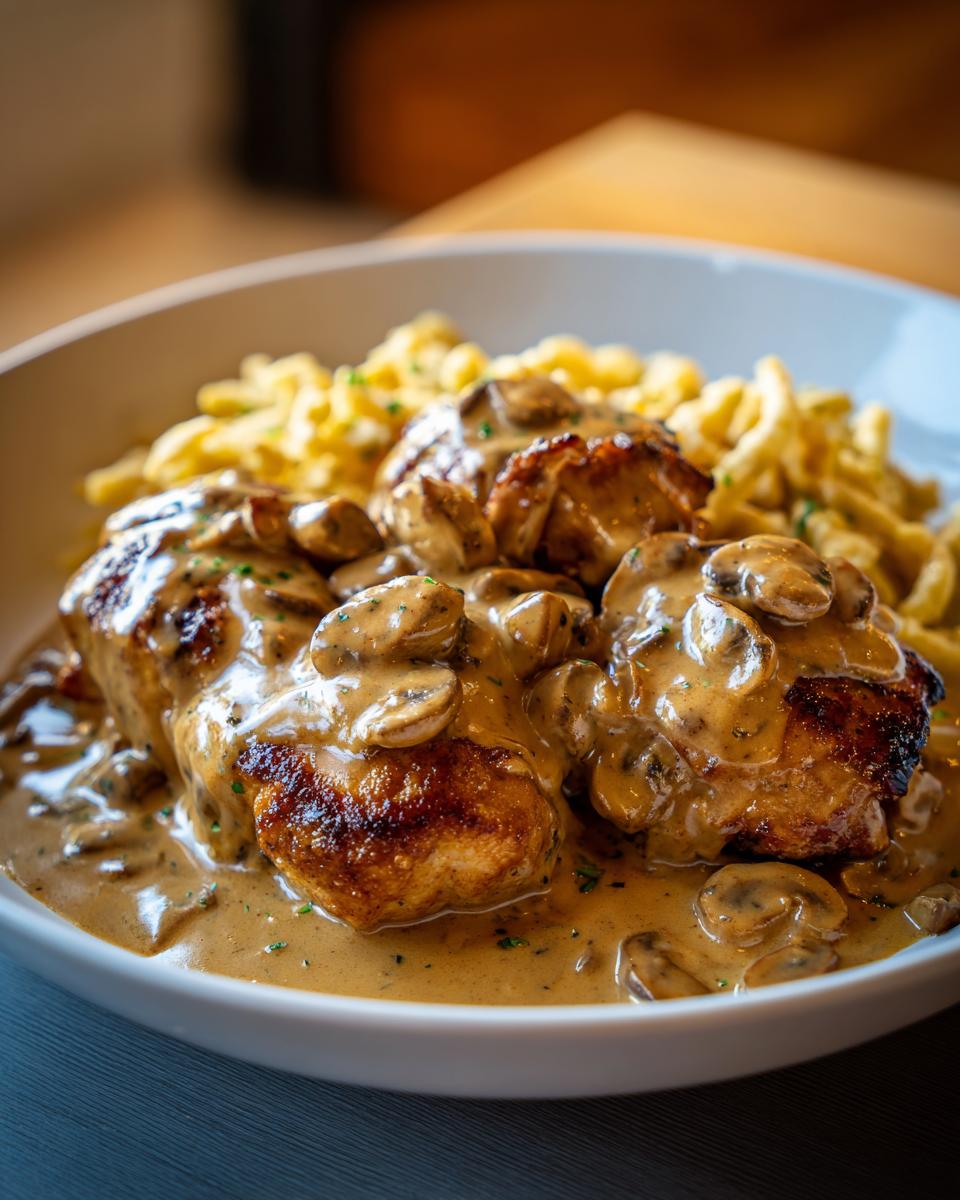 Nahaufnahme von Jägerschnitzel mit Pilzrahmsauce und Spätzle in einer weißen Schüssel.