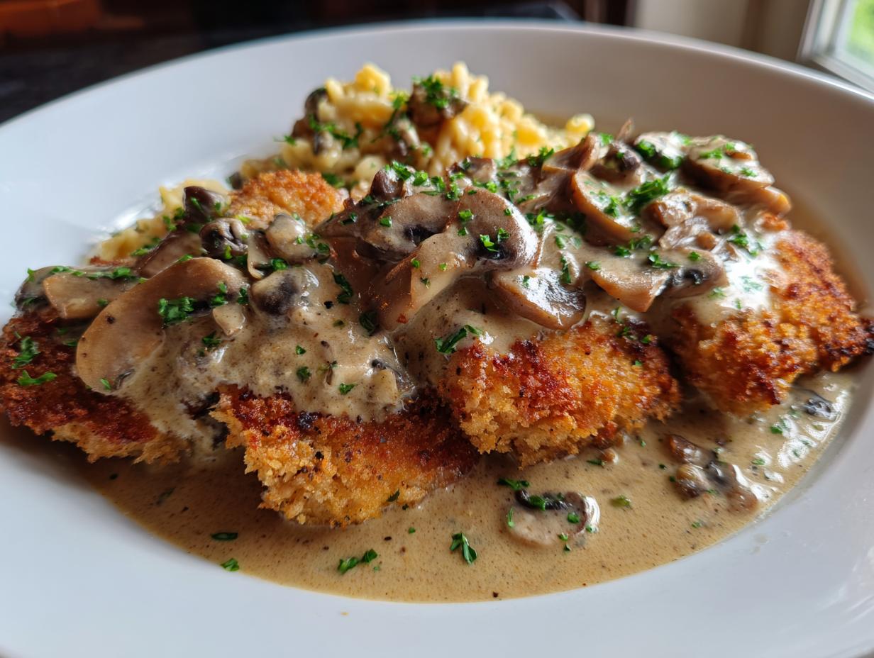 Ein Teller mit Jägerschnitzel, bedeckt mit cremiger Pilzrahmsauce und garniert mit frischer Petersilie, dazu Spätzle.