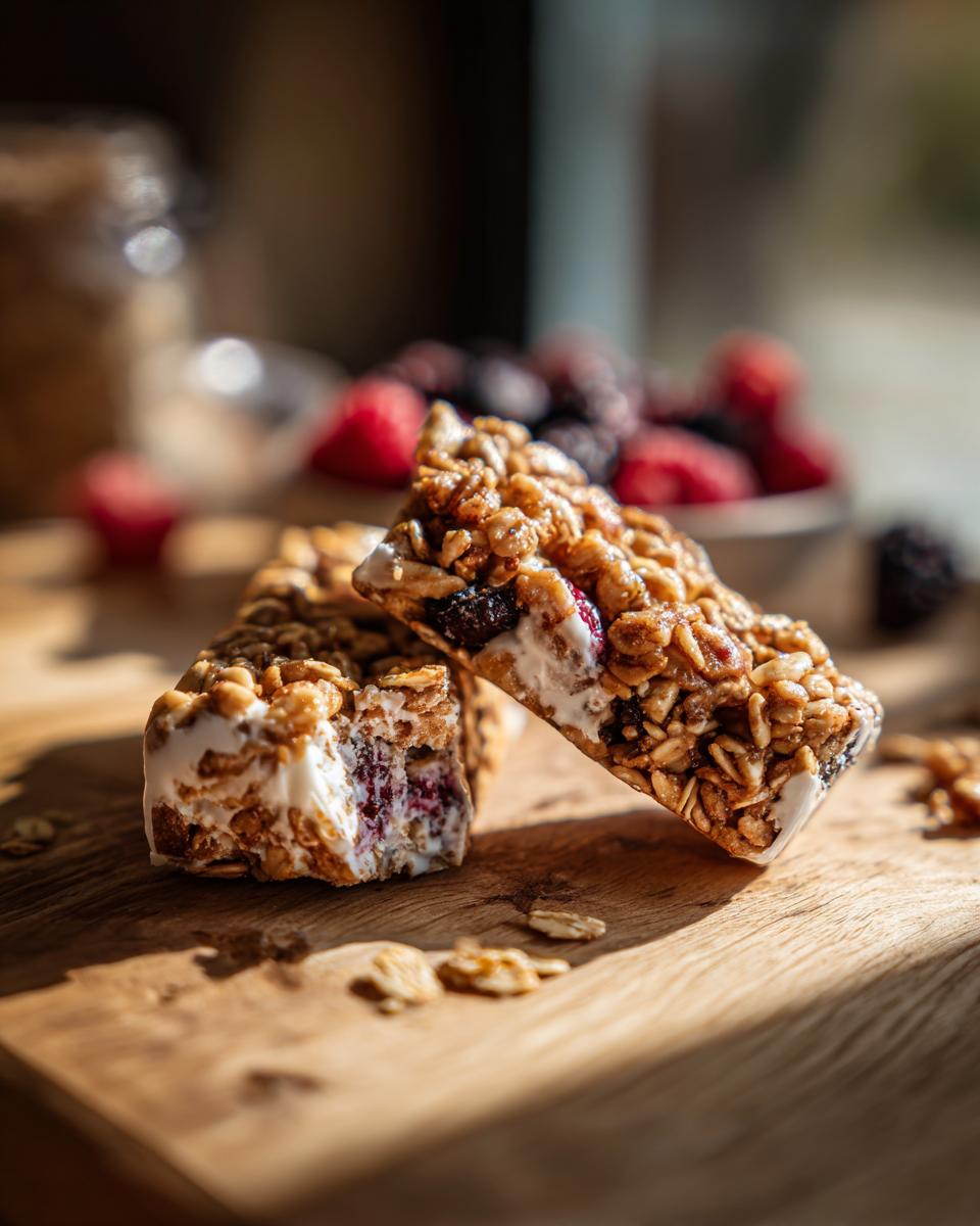 Zwei angeschnittene Joghurt-Riegel mit Honig & Granola liegen auf einem Holzbrett, gefüllt mit Beeren.