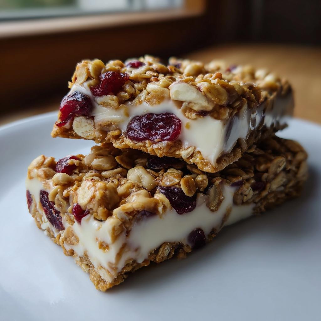 Zwei gestapelte Joghurt-Riegel mit Honig & Granola, reich an Haferflocken und getrockneten Cranberrys.