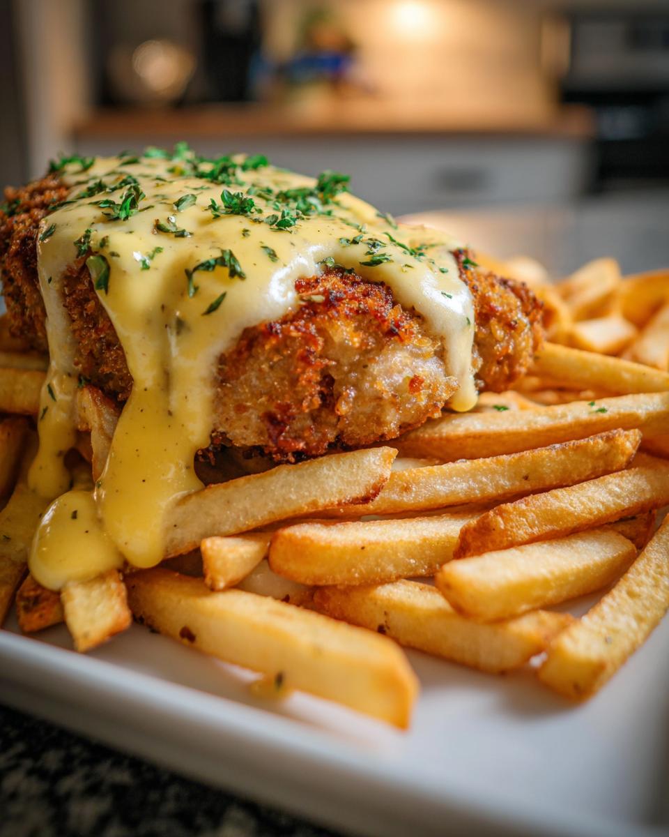 Ein saftiges Käse-Sahne-Schnitzel mit knusprigen Pommes, übergossen mit cremiger Sauce und Petersilie.